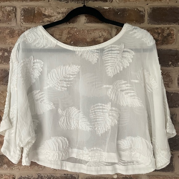 Wilfred Tops - ❣️SOLD❣️ ARITZIA WILFRED | White Cropped Sheer Blouse with Textured Leaves
